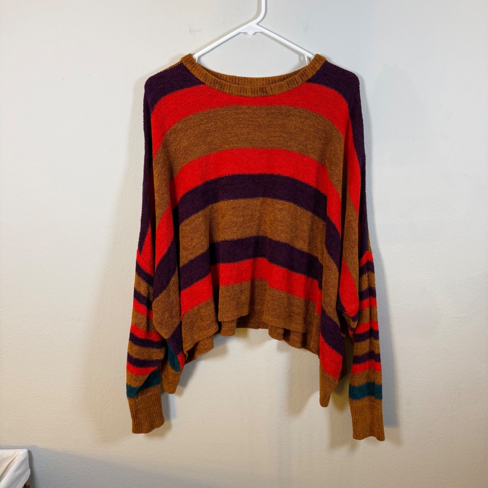 Free People Oversized Striped Knit Sweater Rust Red Purple XS OB1003666